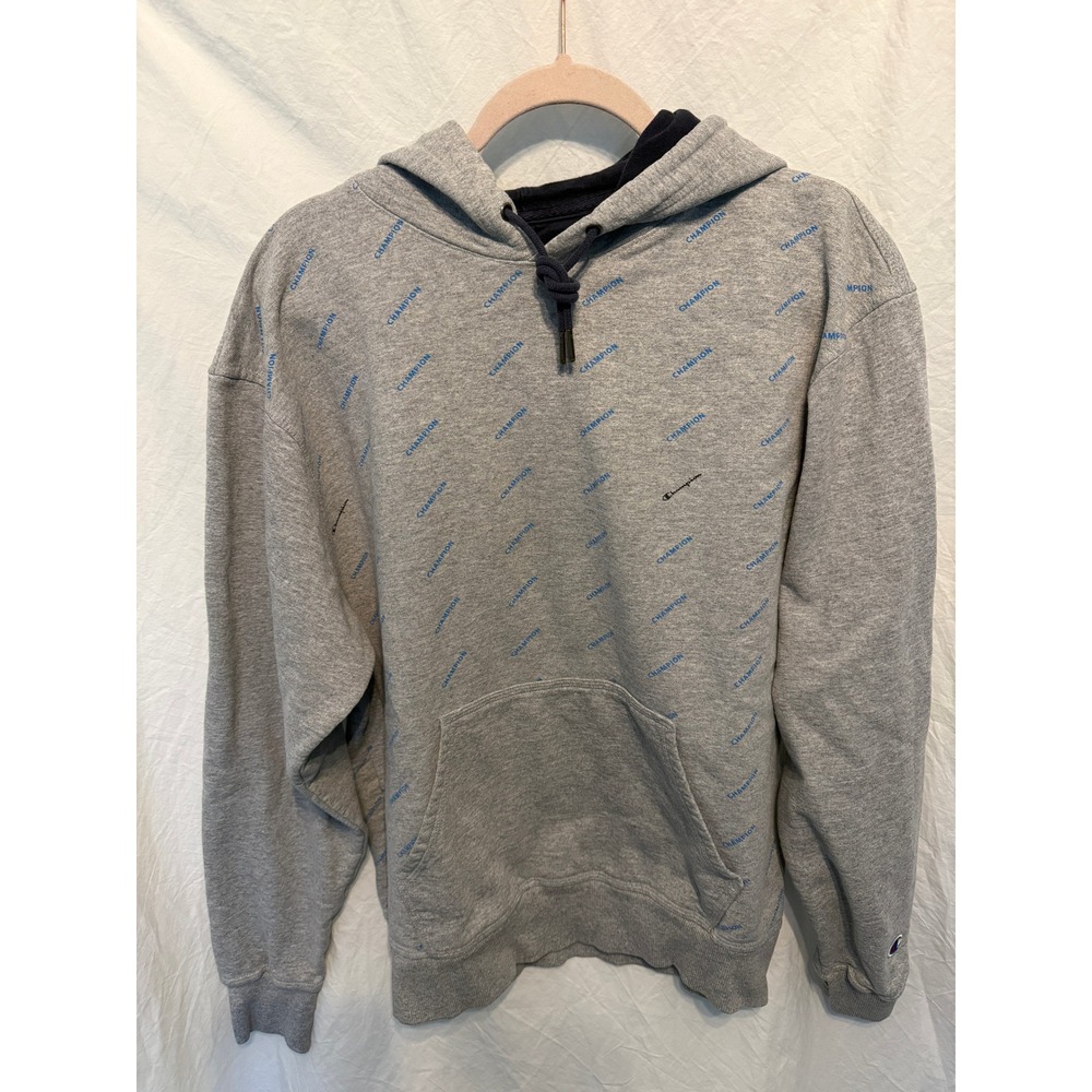 Champion Mens All Over Print Script Logo Pullover Hoodie Gray Blue Large‎
